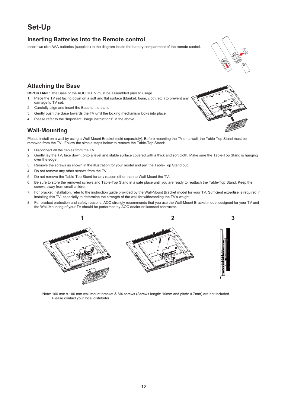 Set-up, Inserting batteries into the remote control, Attaching the base | Wall-mounting | AOC LE24H067 User Manual | Page 13 / 37
