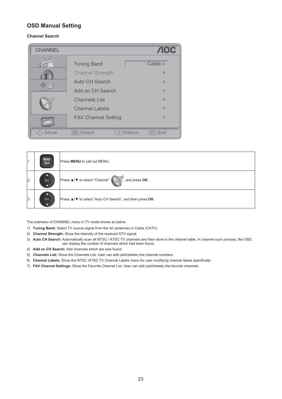 Osd manual setting | AOC LE24H067 User Manual | Page 24 / 37