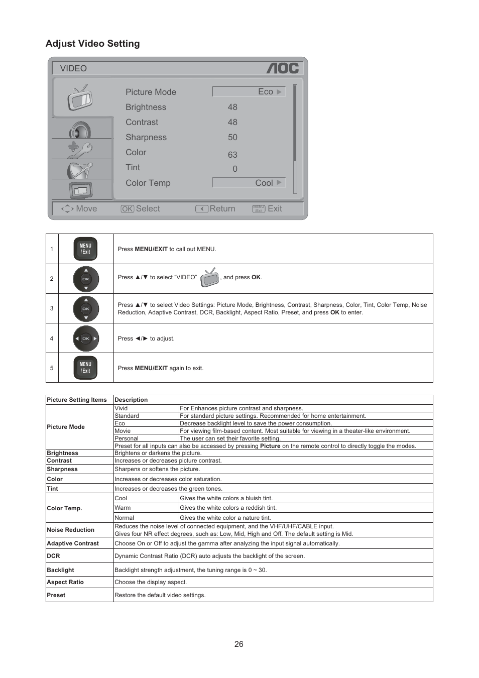 Adjust video setting | AOC LE24H067 User Manual | Page 27 / 37