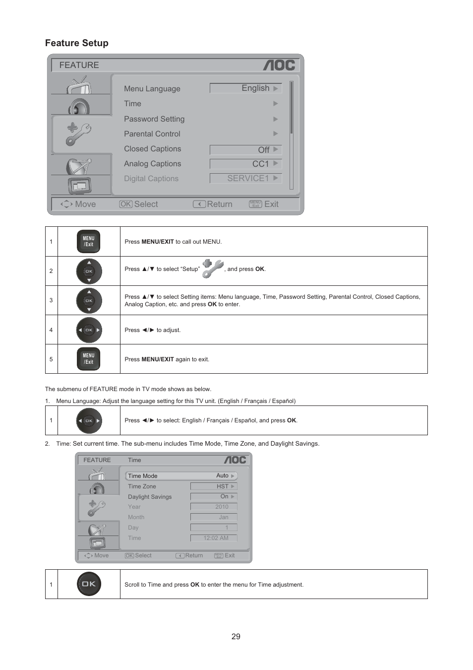 Feature setup, Feature move select return exit, Service1 cc1 off | English | AOC LE24H067 User Manual | Page 30 / 37