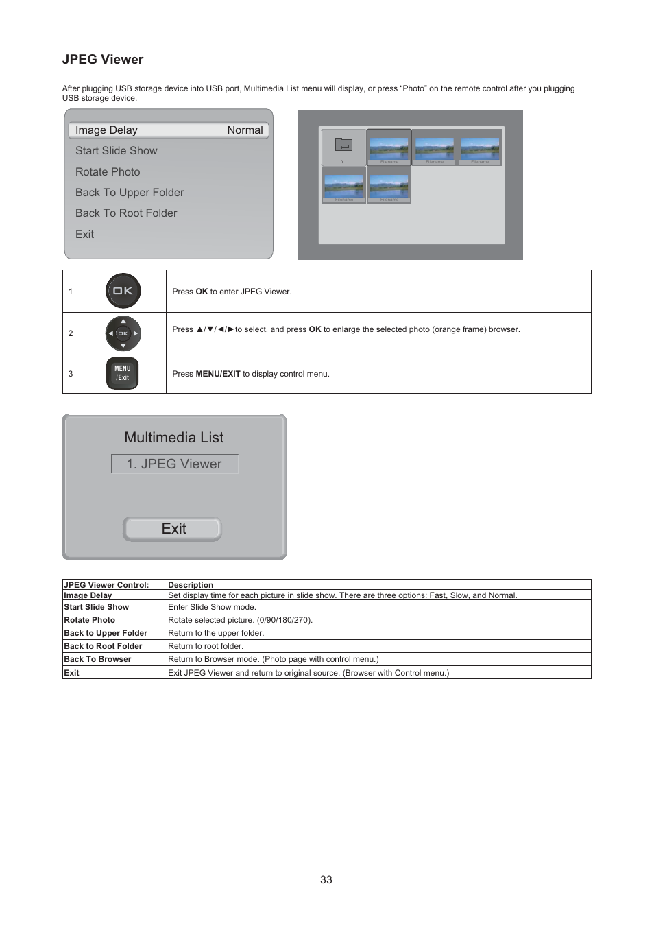 Multimedia list, Exit, Jpeg viewer | AOC LE24H067 User Manual | Page 34 / 37