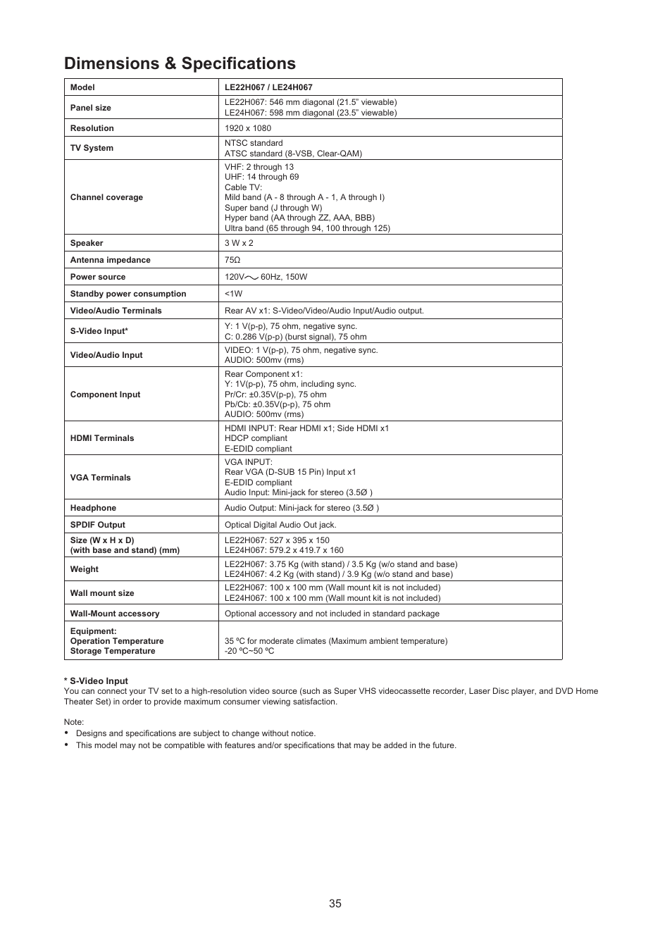 Dimensions & specifications | AOC LE24H067 User Manual | Page 36 / 37