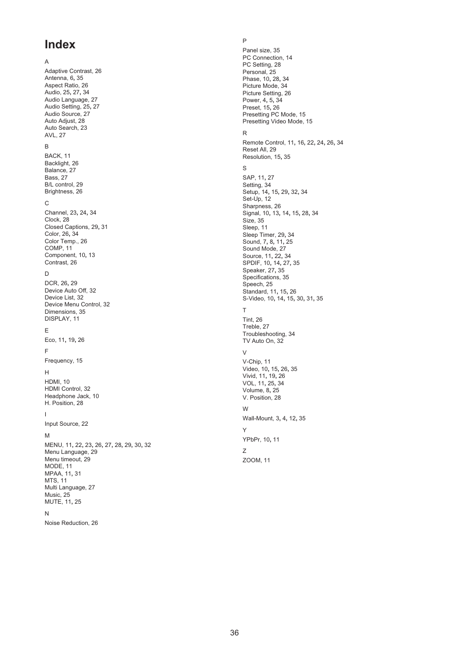 Index | AOC LE24H067 User Manual | Page 37 / 37