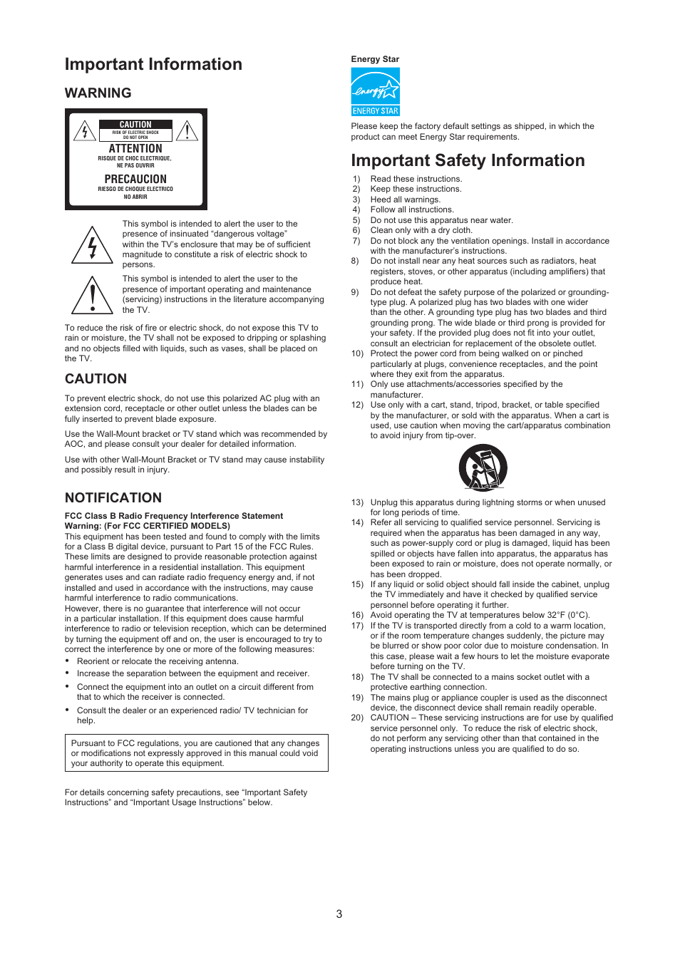 Important information, Important safety information, Warning | Caution, Notification, Attention, Precaucion | AOC LE24H067 User Manual | Page 4 / 37