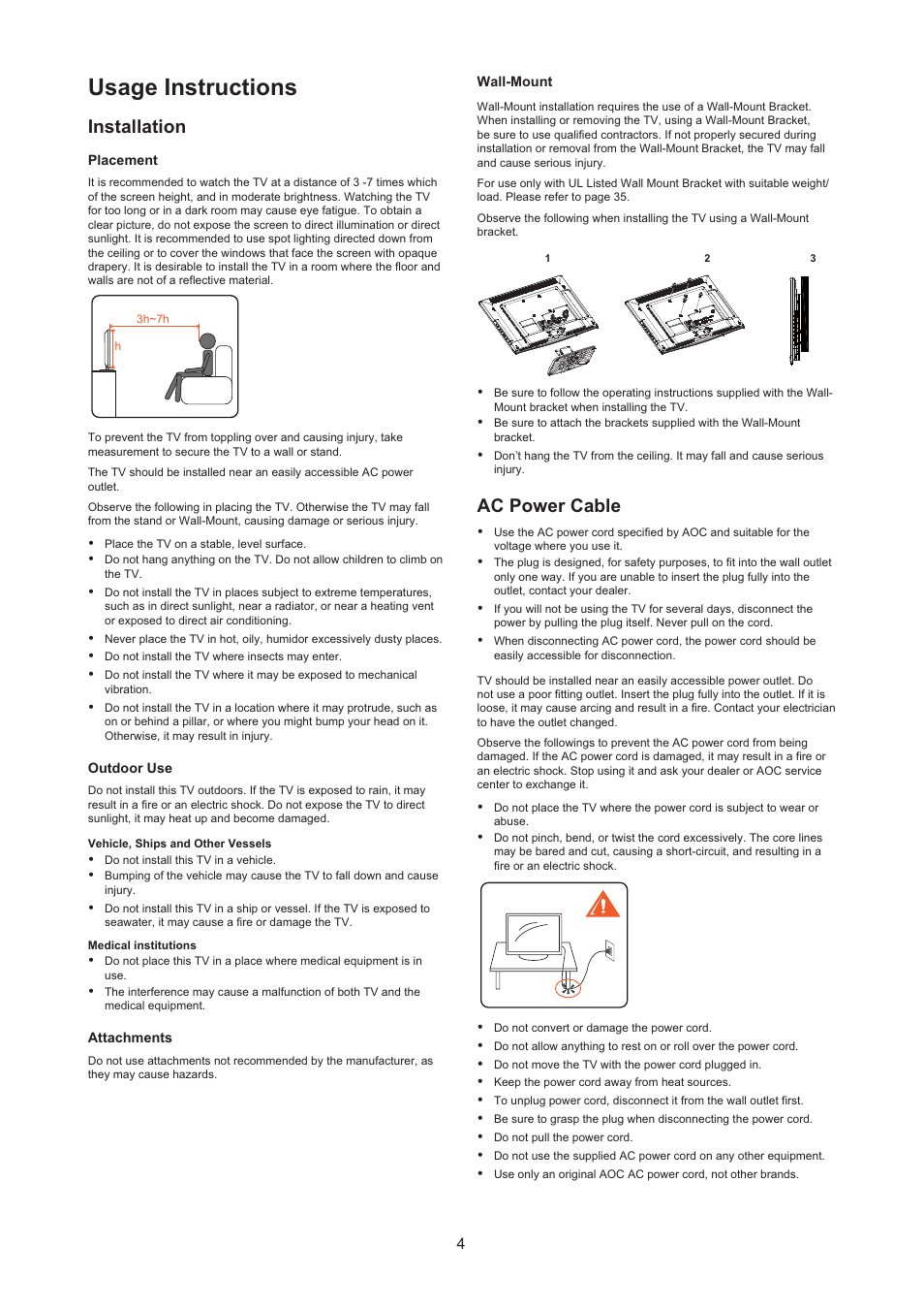 Usage instructions, Installation, Ac power cable | AOC LE24H067 User Manual | Page 5 / 37