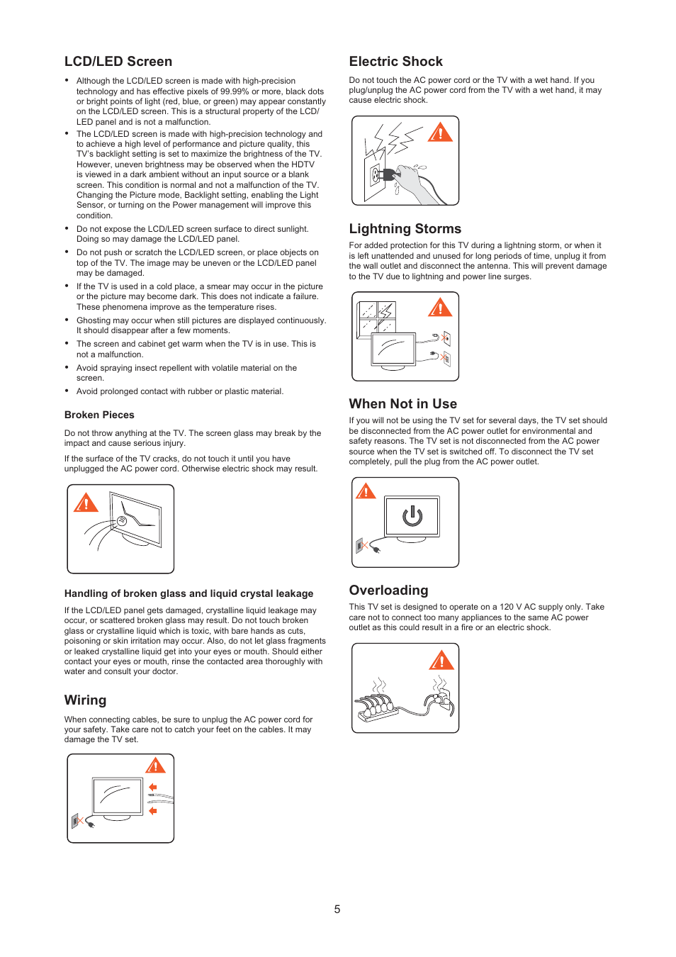 Lcd/led screen, Wiring, Electric shock | Lightning storms, When not in use, Overloading | AOC LE24H067 User Manual | Page 6 / 37