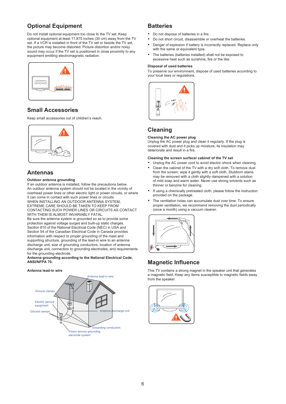 Optional equipment, Small accessories, Antennas | Batteries, Cleaning, Magnetic influence | AOC LE24H067 User Manual | Page 7 / 37