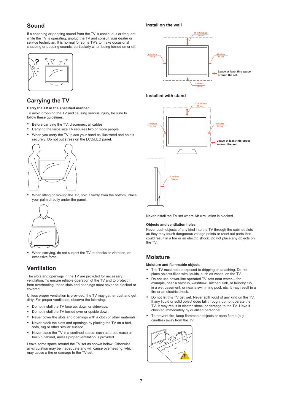 Sound, Carrying the tv, Ventilation | Moisture | AOC LE24H067 User Manual | Page 8 / 37