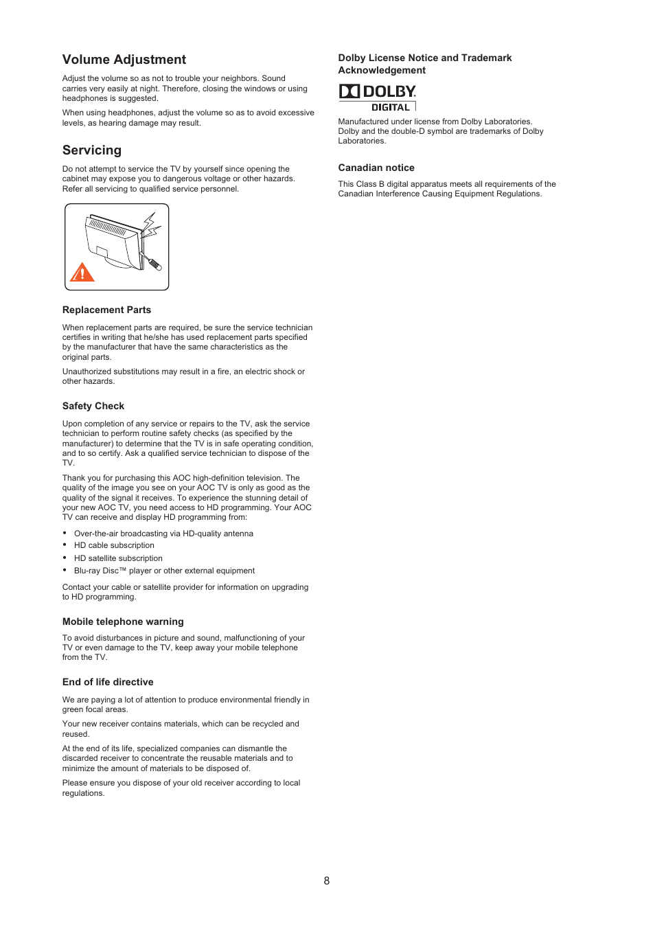 Volume adjustment, Servicing | AOC LE24H067 User Manual | Page 9 / 37