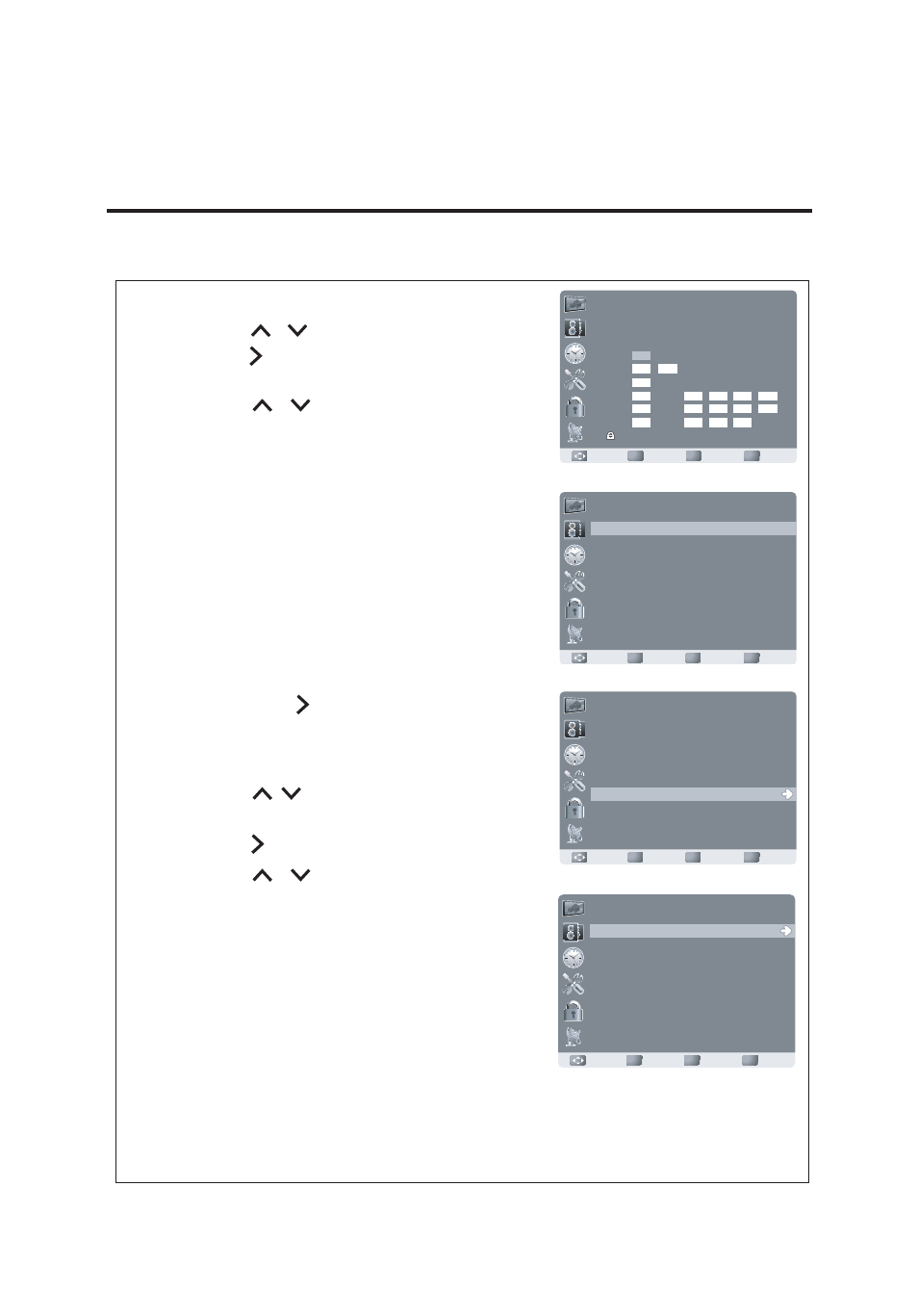 English, Mpaa 1, Français | Appuyez sur / pour sélectionner anglais canadien, Appuyez sur pour l’ouvrir, Appuyez sur menu pour quitter | AOC LE23H062 User Manual | Page 110 / 123