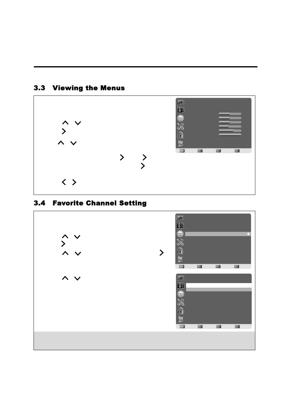 English, 3 viewing the menus 3.4 favorite channel setting, Press / to select your desired top menu | Press to enter the menu you select, Use / to select the control you want to adjust, Press / to adjust or select the settings, Press menu to display the osd main menu | AOC LE23H062 User Manual | Page 26 / 123