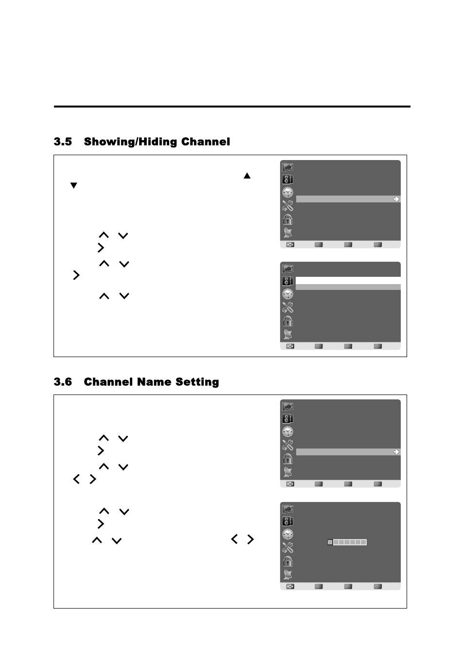 Engli sh, 5 showing/hiding channel 3.6 channel name setting, English | Press menu to display the osd main menu, Press menu | AOC LE23H062 User Manual | Page 27 / 123