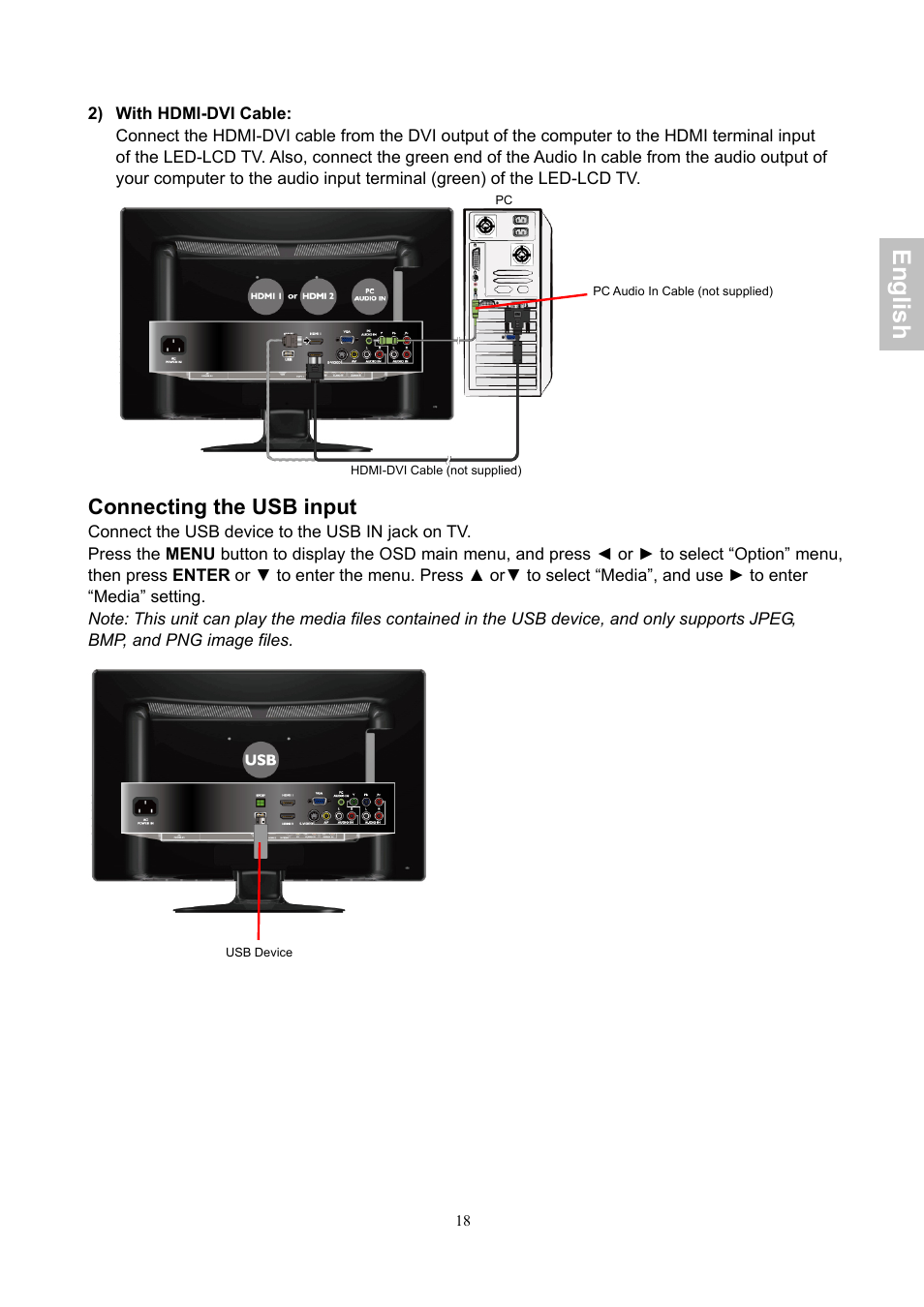English, Connecting the usb input | AOC LE24H060 User Manual | Page 19 / 43