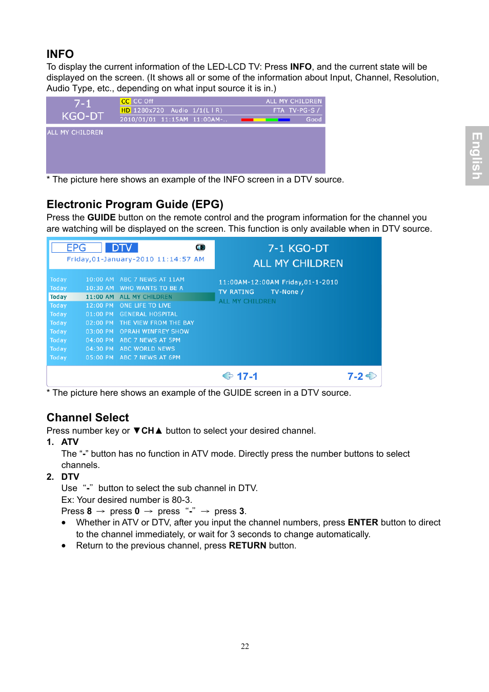 English, Info, Electronic program guide (epg) | Channel select | AOC LE24H060 User Manual | Page 23 / 43