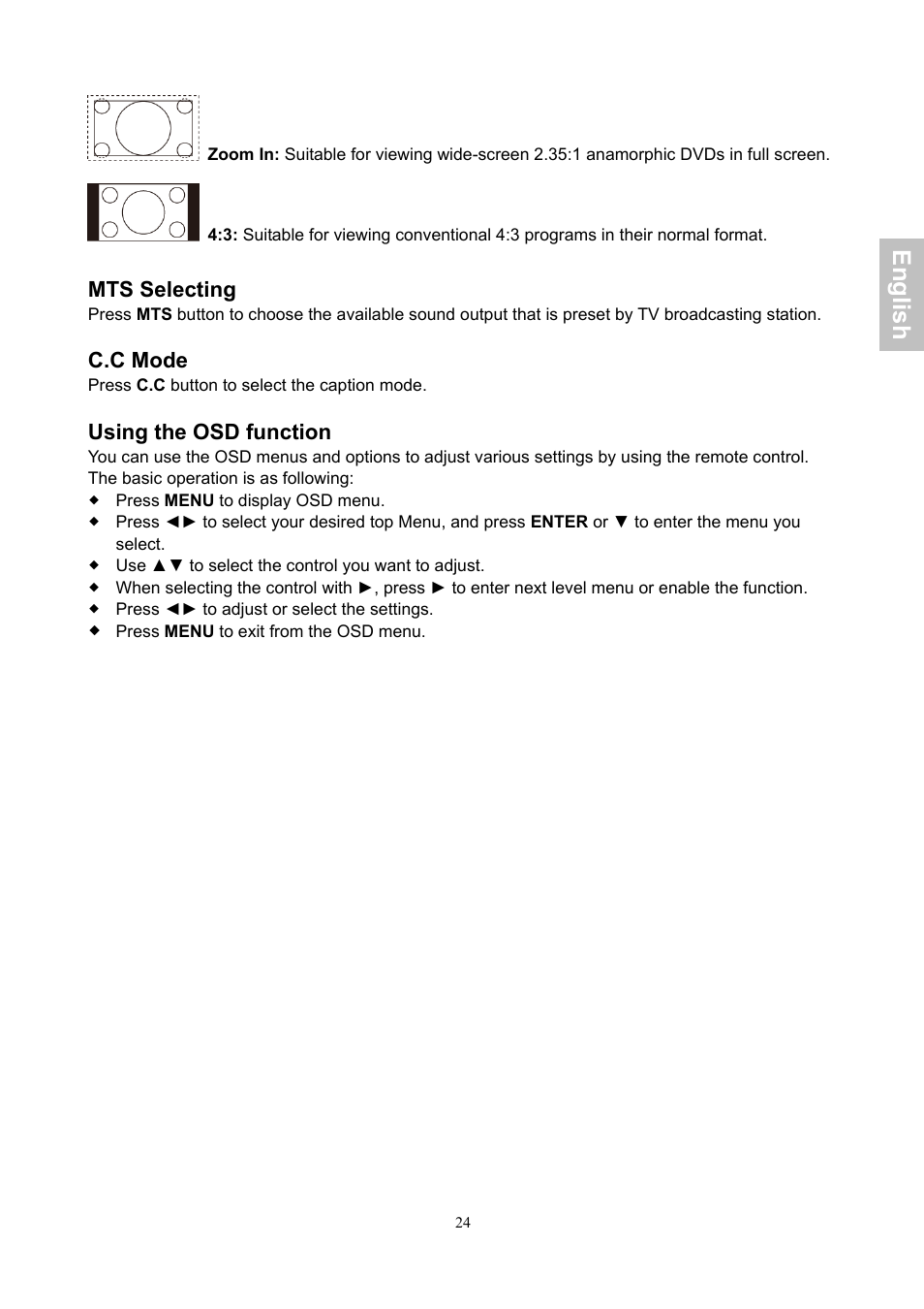 English, Mts selecting, C.c mode | Using the osd function | AOC LE24H060 User Manual | Page 25 / 43