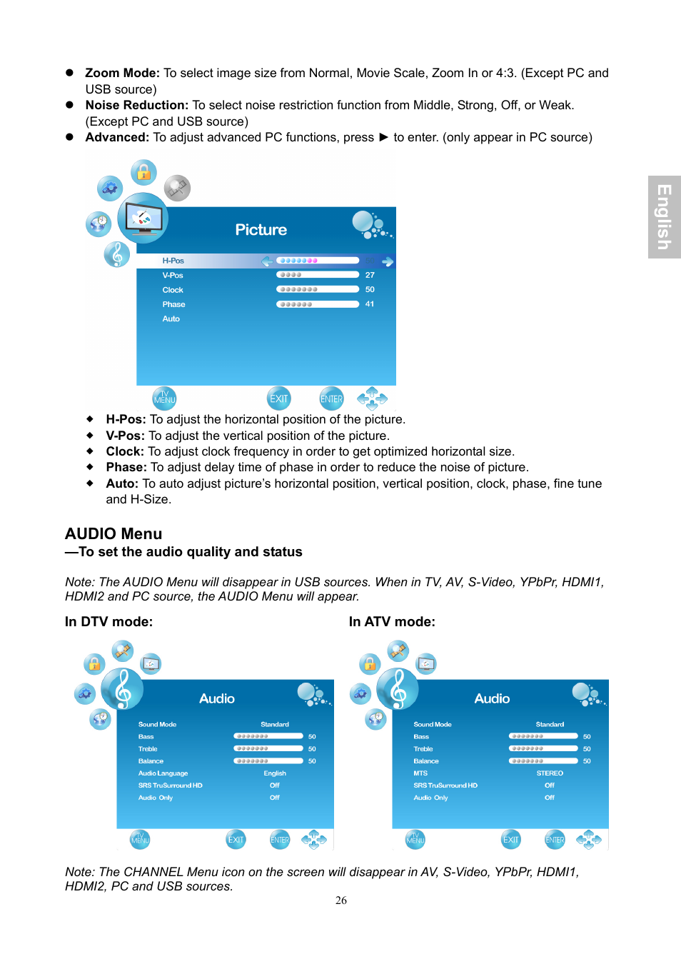 English, Audio menu | AOC LE24H060 User Manual | Page 27 / 43