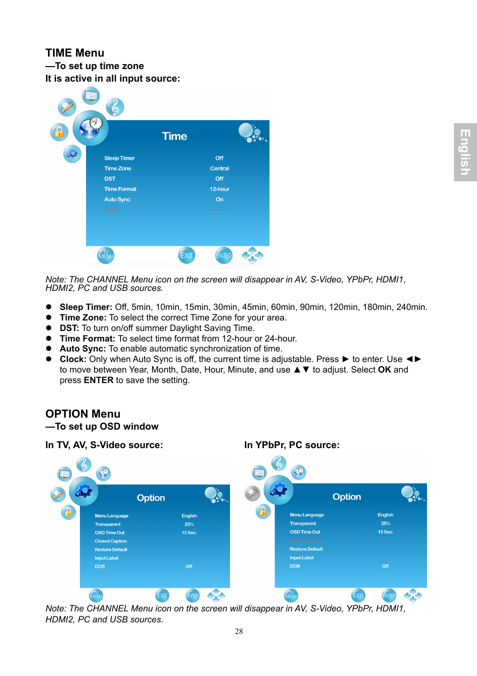 English, Time menu, Option menu | AOC LE24H060 User Manual | Page 29 / 43