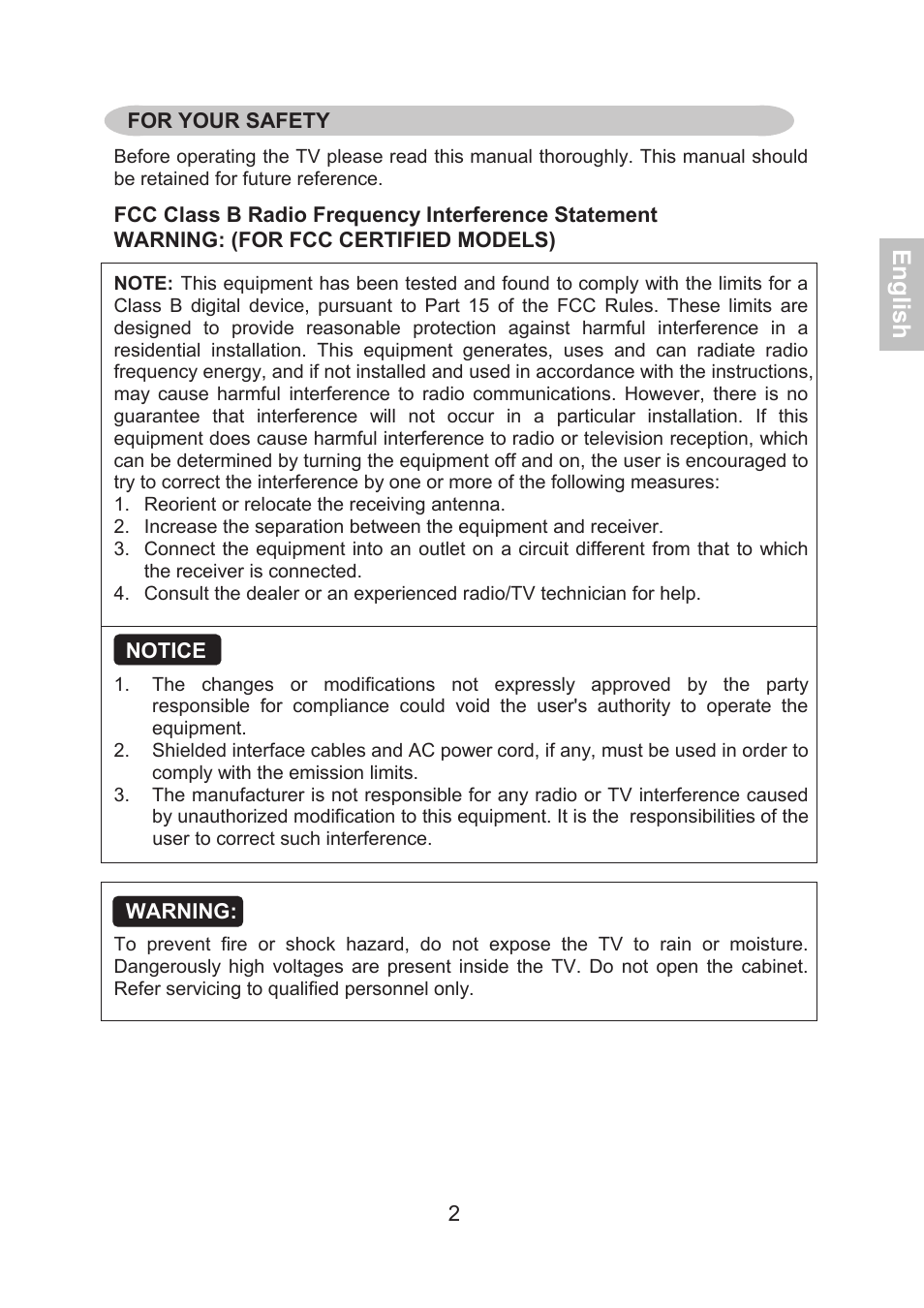 English, For your safety, Notice | Warning | AOC LE24H060 User Manual | Page 3 / 43