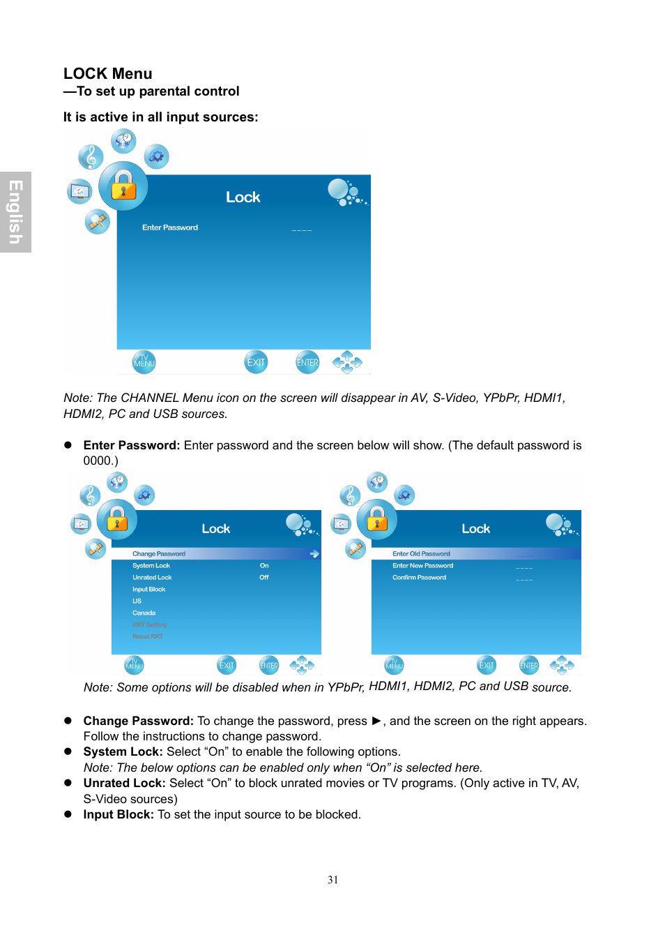 En gli sh, Lock menu | AOC LE24H060 User Manual | Page 32 / 43