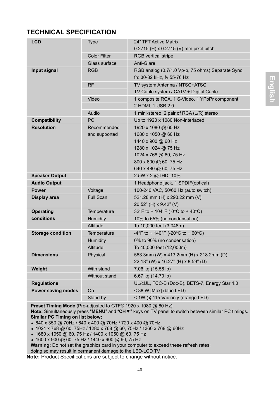 English, Technical specification | AOC LE24H060 User Manual | Page 41 / 43