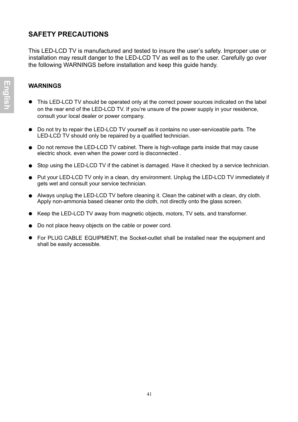En gli sh, Safety precautions | AOC LE24H060 User Manual | Page 42 / 43