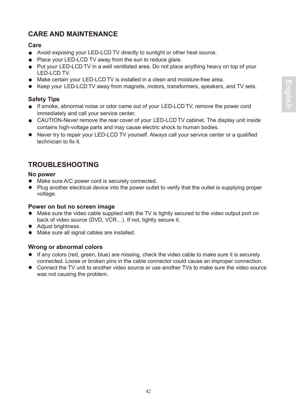 English, Care and maintenance, Troubleshooting | AOC LE24H060 User Manual | Page 43 / 43