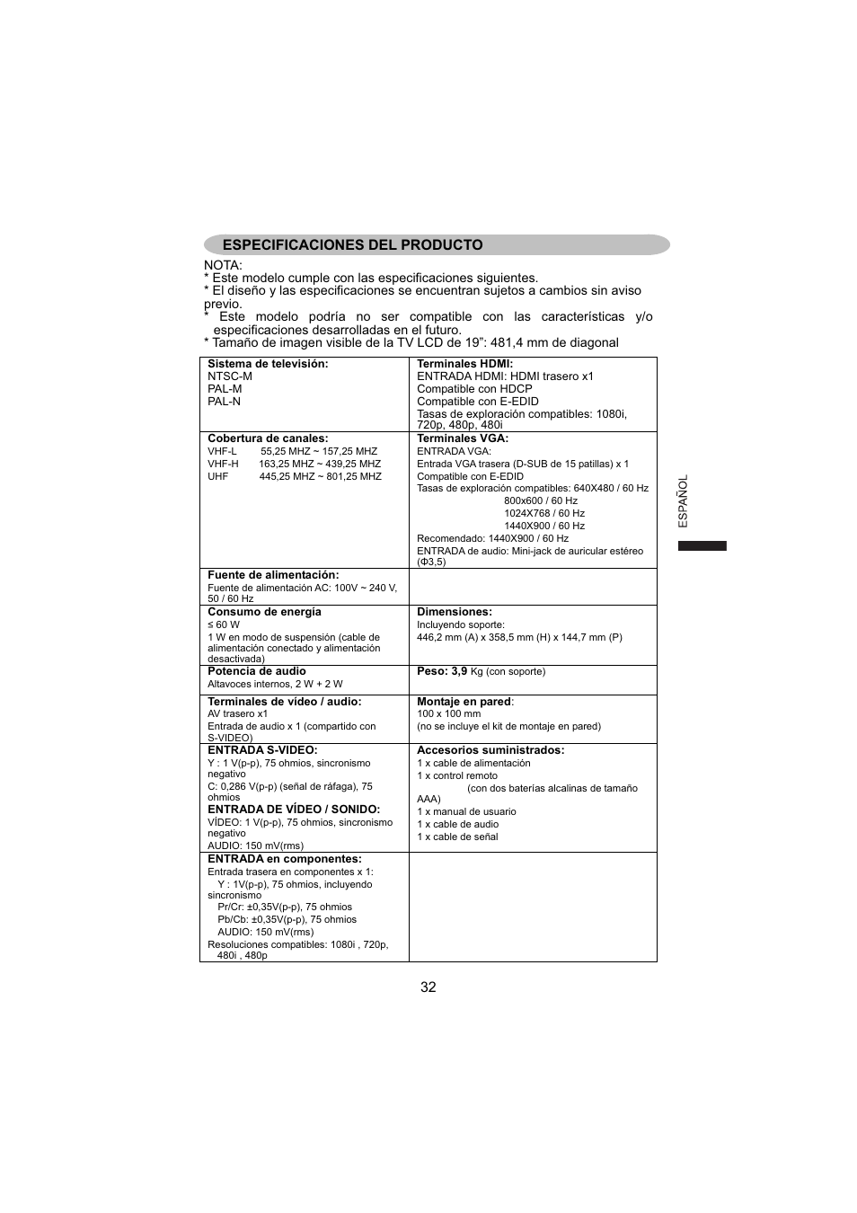 Especificaciones del producto | AOC L19W831 User Manual | Page 105 / 144