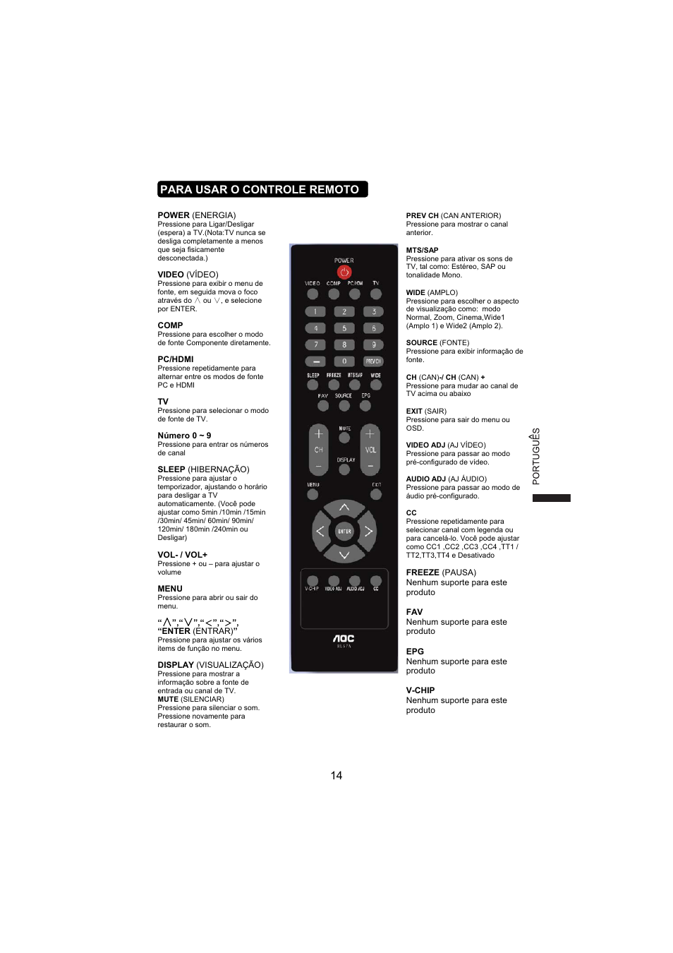 14 para usar o controle remoto | AOC L19W831 User Manual | Page 123 / 144