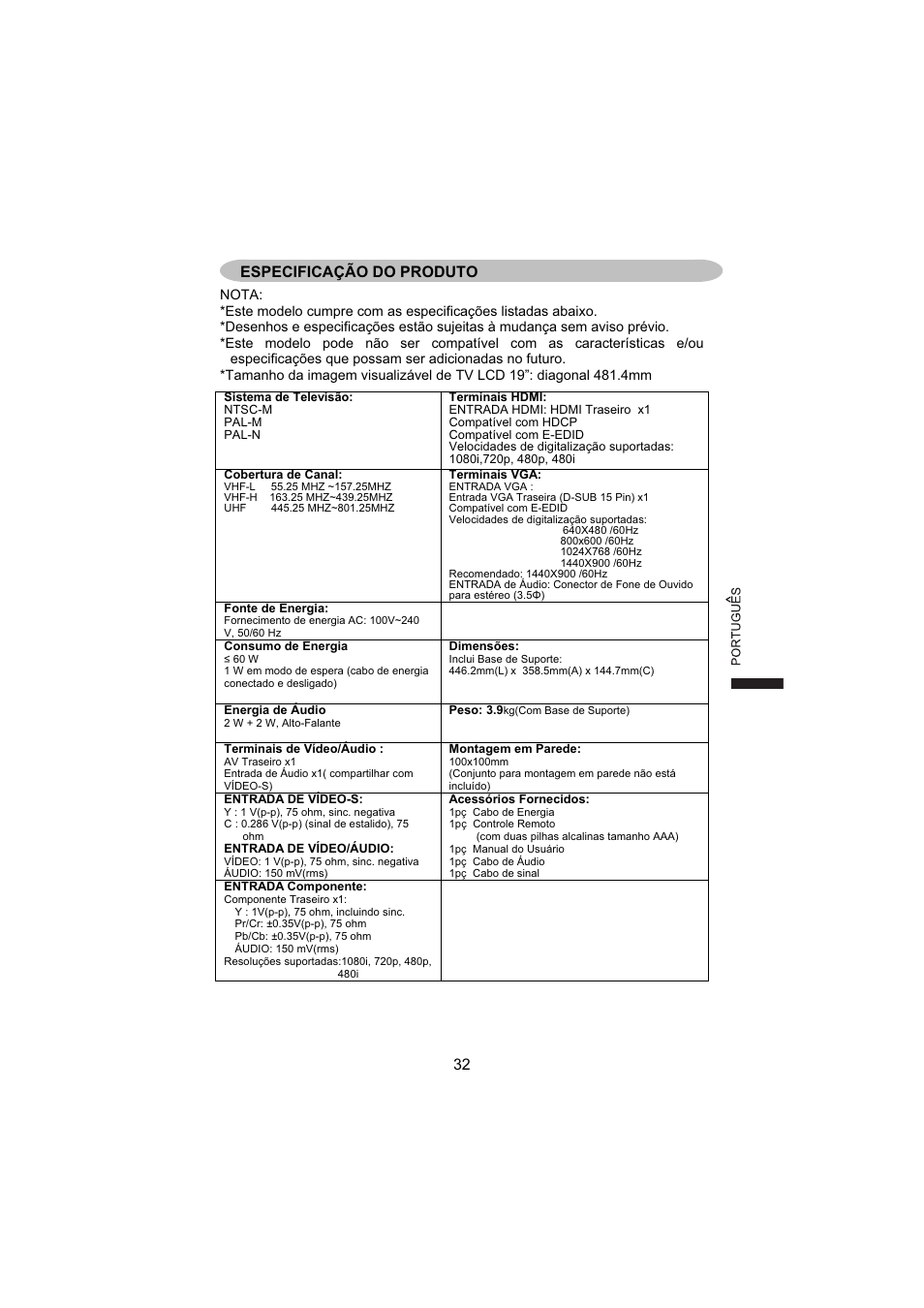 Especificação do produto | AOC L19W831 User Manual | Page 141 / 144