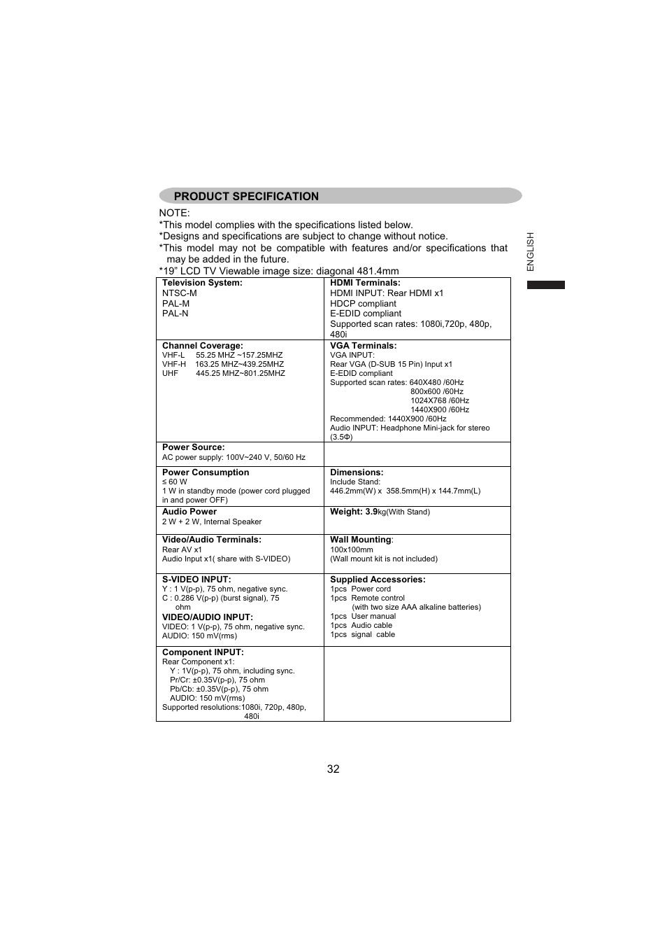 Product specification | AOC L19W831 User Manual | Page 33 / 144