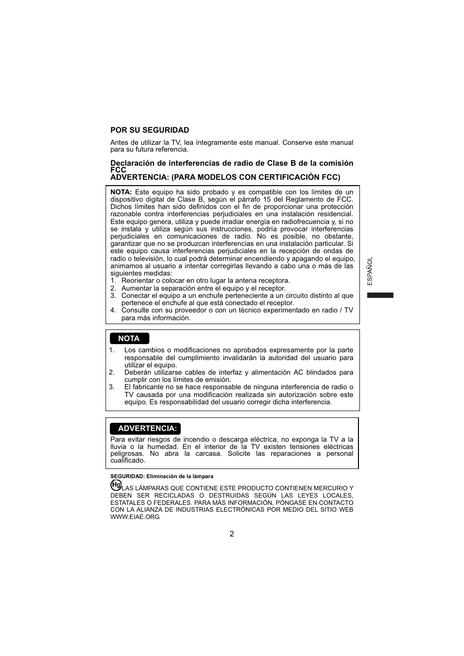 2 por su seguridad, Nota, Advertencia | AOC L19W831 User Manual | Page 75 / 144