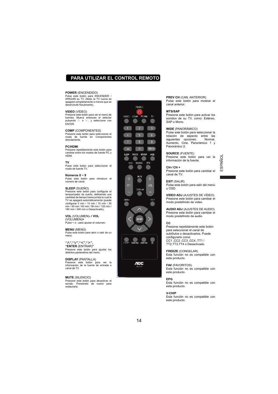 14 para utilizar el control remoto | AOC L19W831 User Manual | Page 87 / 144