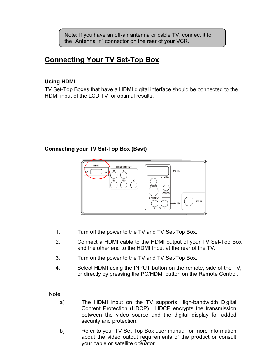 Connecting your tv set-top box | AOC L22W831 User Manual | Page 19 / 36