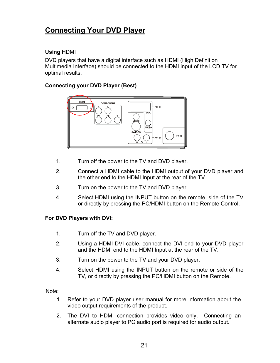 Connecting your dvd player | AOC L22W831 User Manual | Page 23 / 36