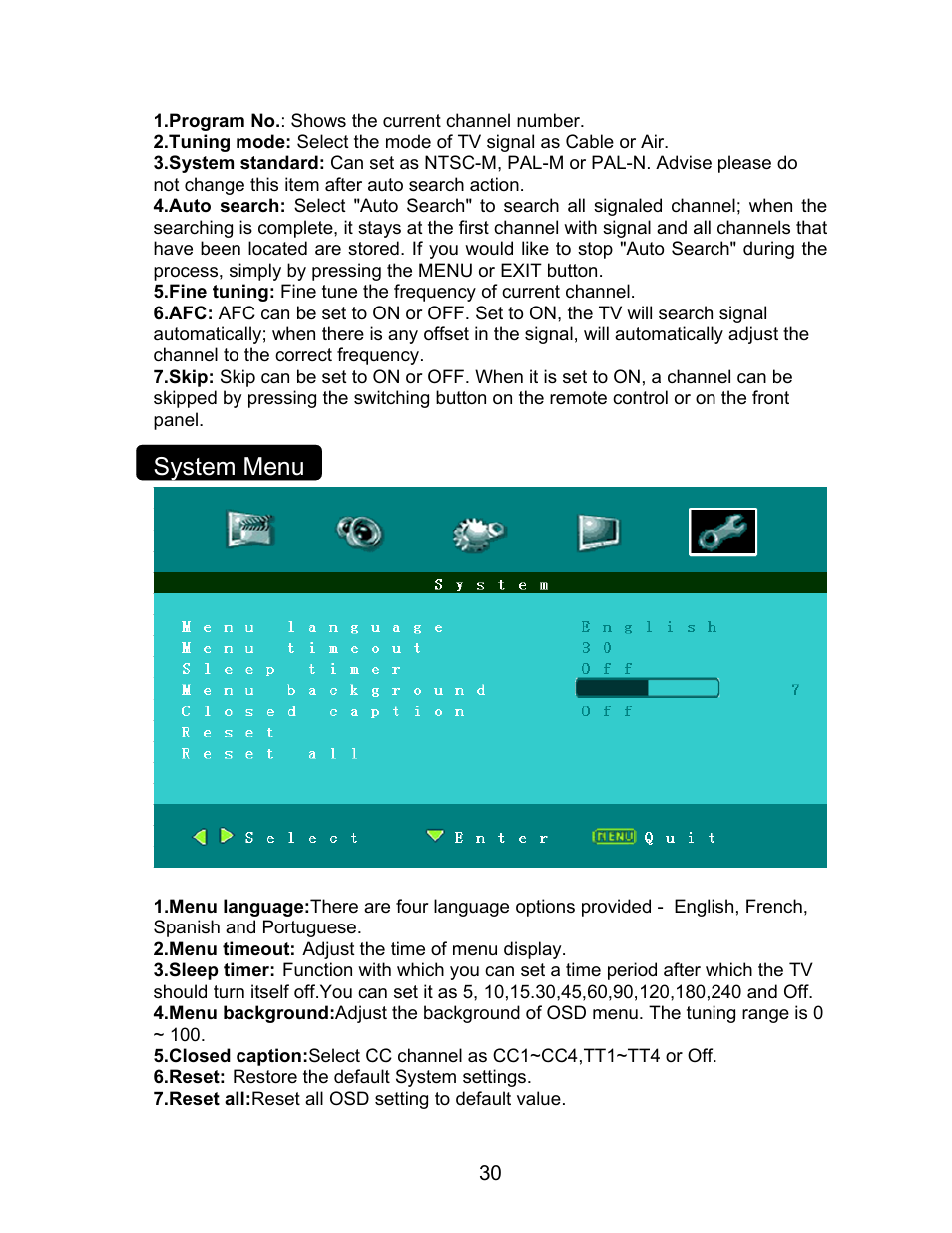 System menu | AOC L22W831 User Manual | Page 32 / 36