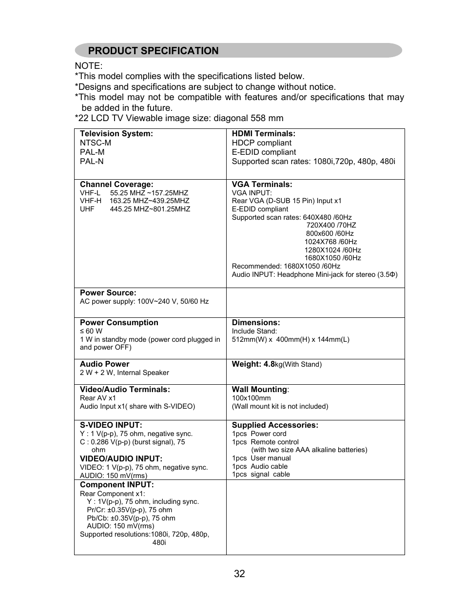 Product specification | AOC L22W831 User Manual | Page 34 / 36
