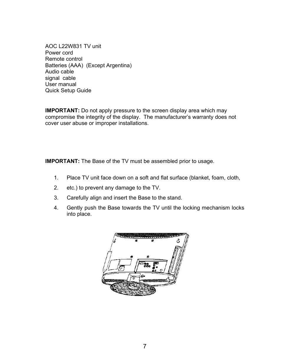 Package contents, Attaching the base | AOC L22W831 User Manual | Page 9 / 36