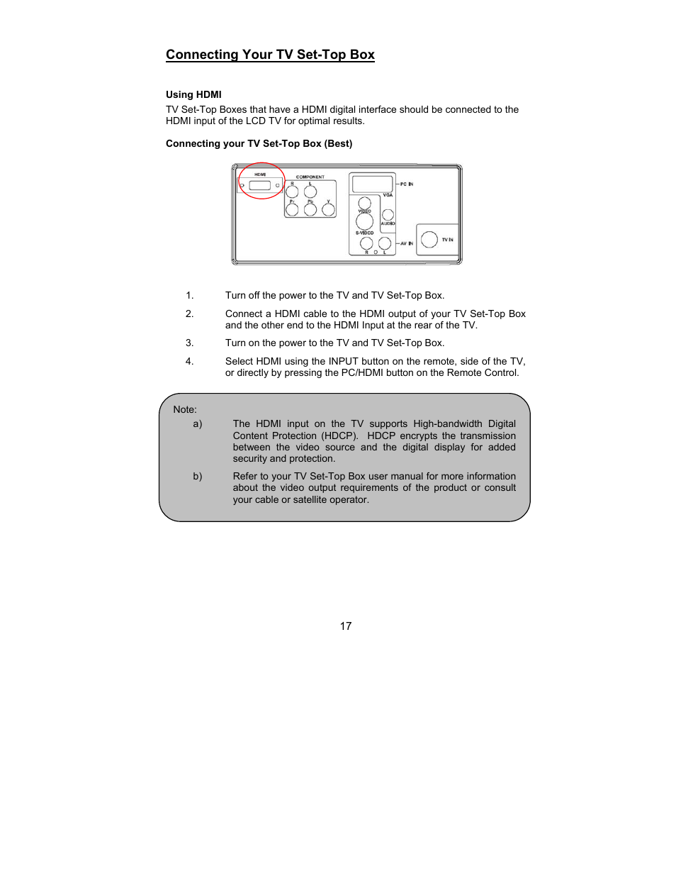 Connecting your tv set-top box | AOC L26W831 User Manual | Page 19 / 36