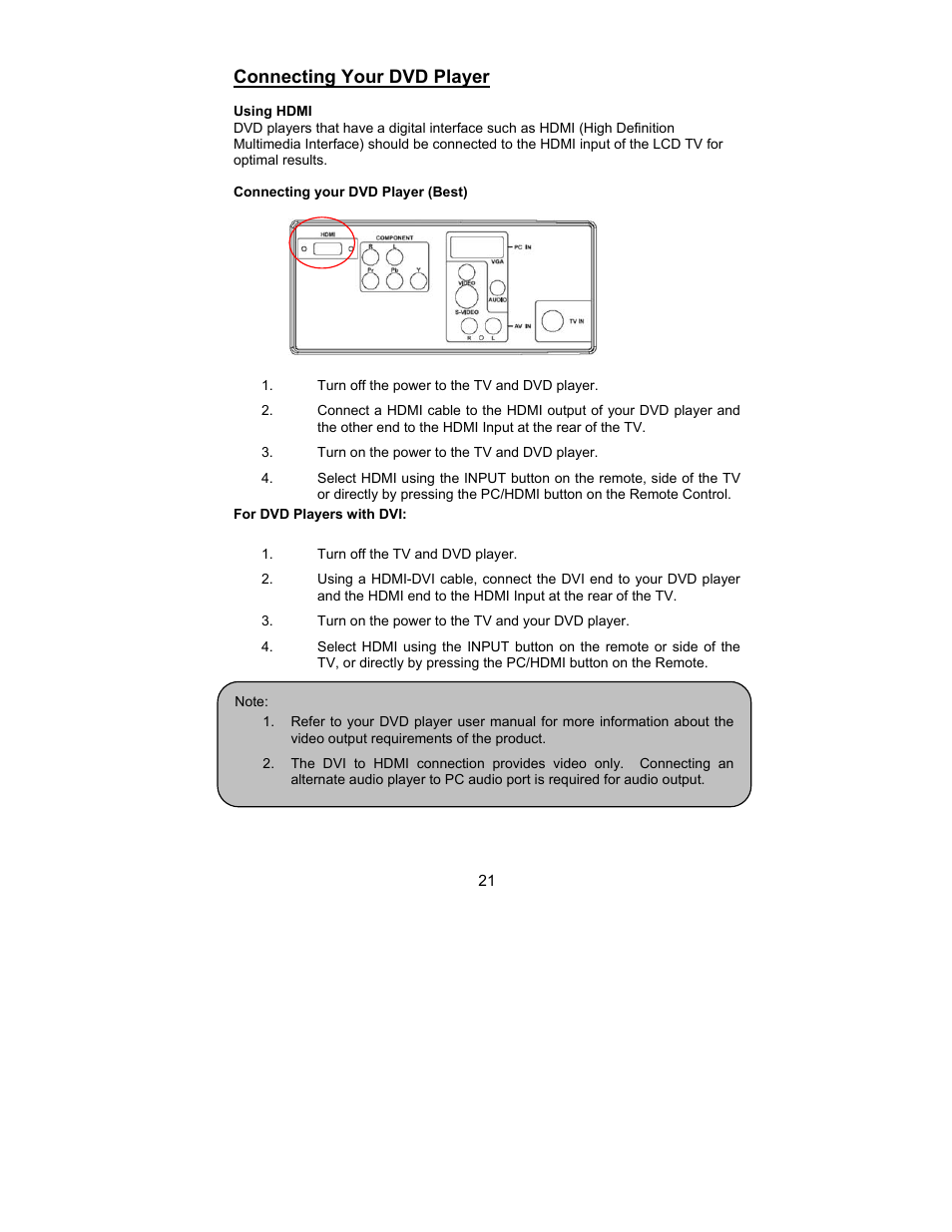 Connecting your dvd player | AOC L26W831 User Manual | Page 23 / 36