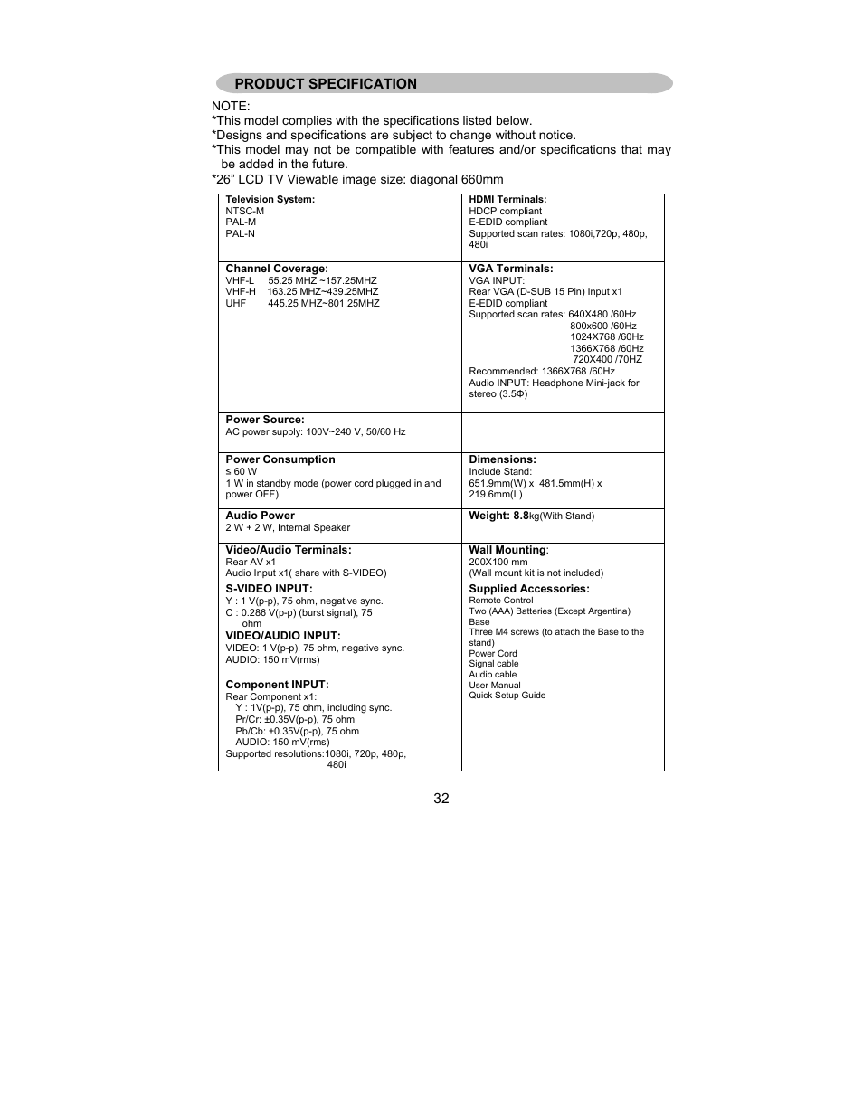 Product specification | AOC L26W831 User Manual | Page 34 / 36