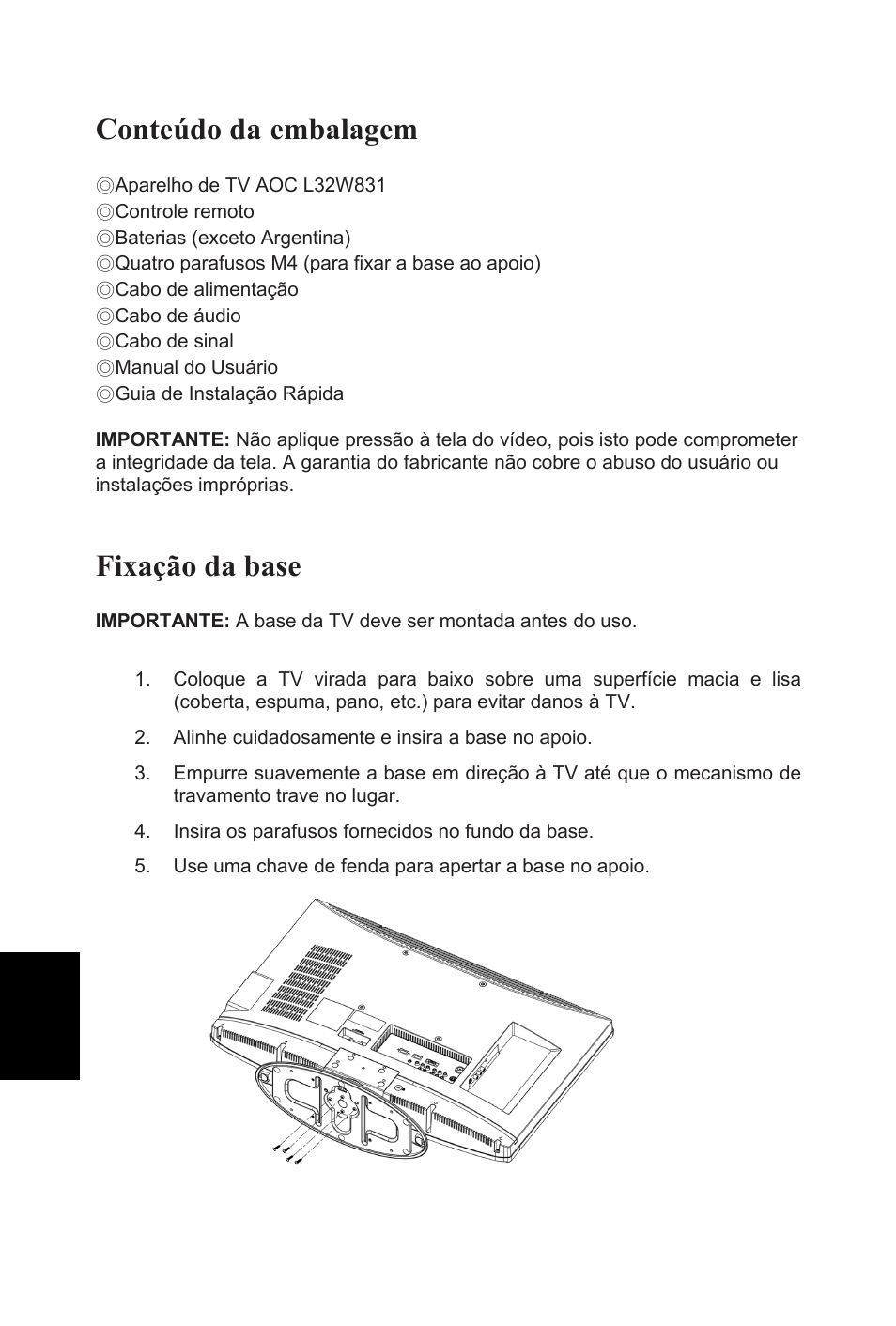 Conteúdo da embalagem, Fixação da base | AOC L32W831 User Manual | Page 113 / 139