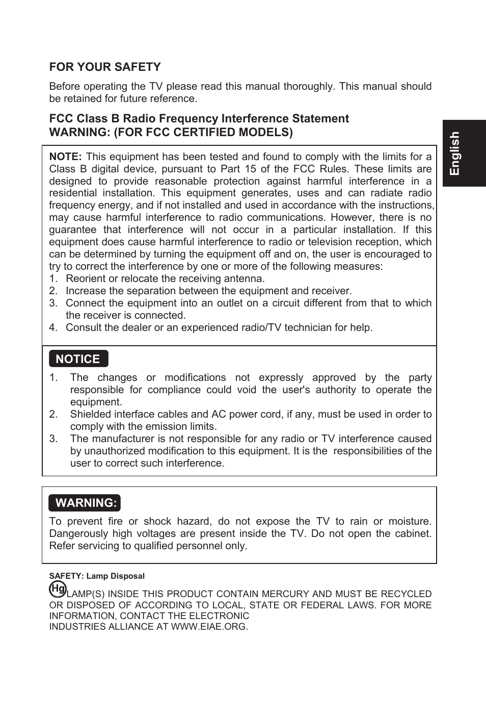 English, For your safety, Notice | Warning | AOC L32W831 User Manual | Page 4 / 139