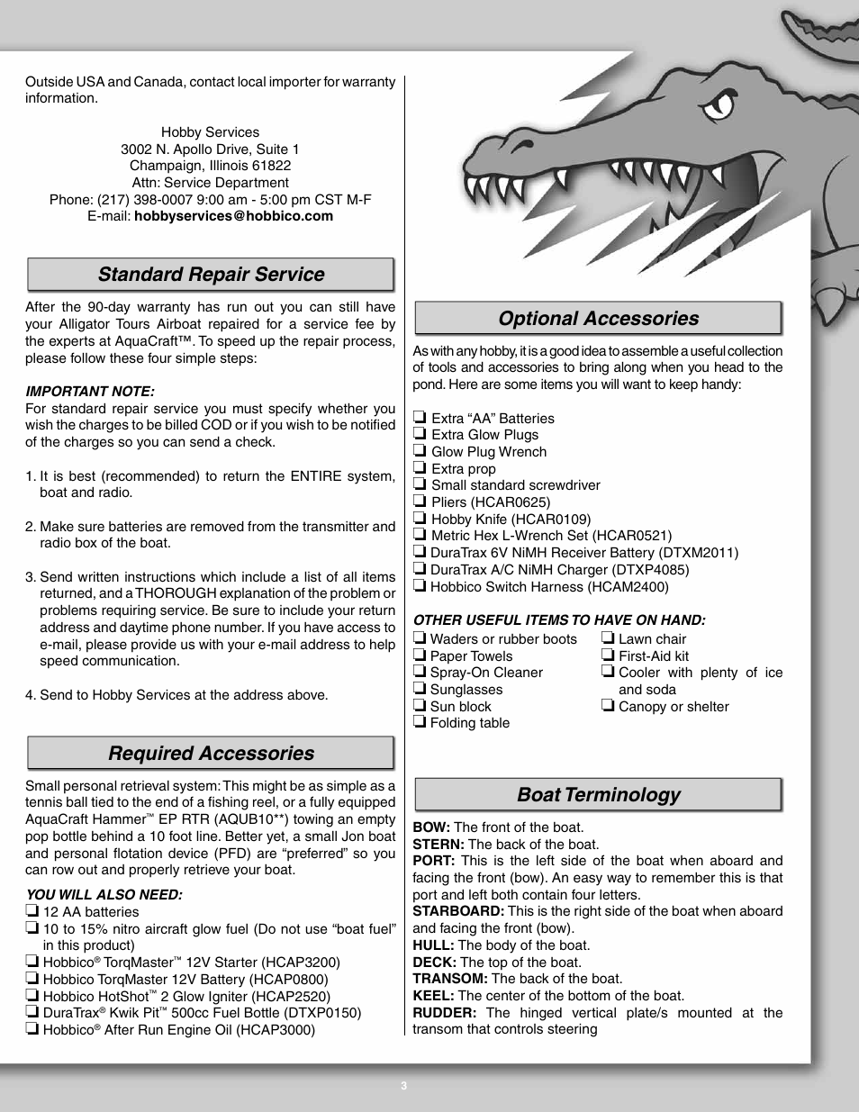 Standard repair service, Required accessories, Optional accessories | Boat terminology | AquaCraft Alligator Tours User Manual | Page 3 / 12