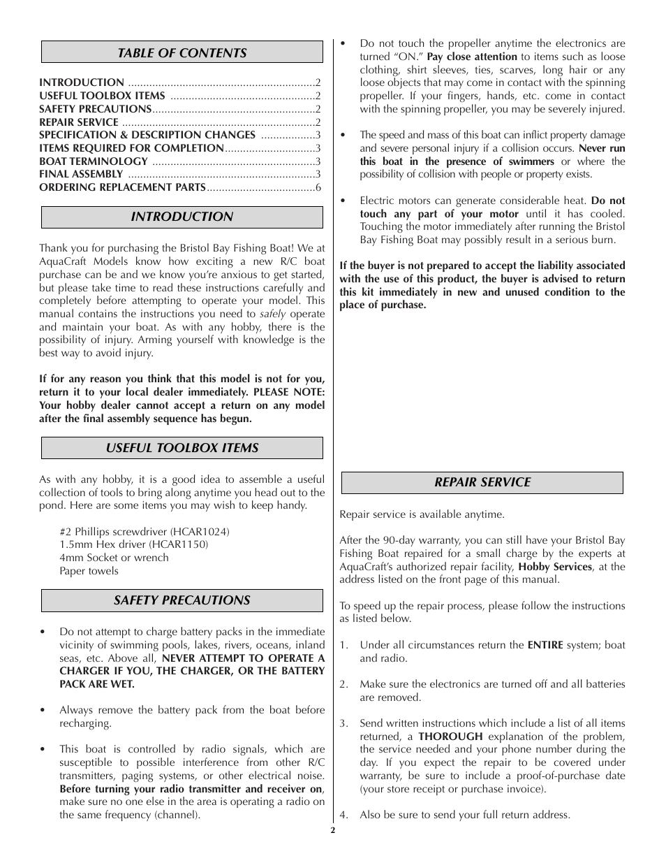 AquaCraft Bristol Bay User Manual | Page 2 / 8