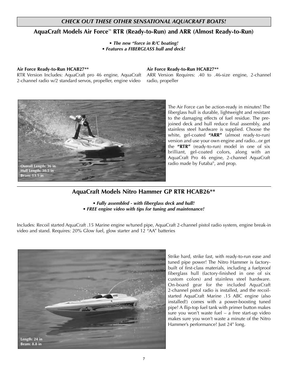 Aquacraft models air force, Rtr (ready-to-run) and arr (almost ready-to-run), Aquacraft models nitro hammer gp rtr hcab26 | AquaCraft Bristol Bay User Manual | Page 7 / 8