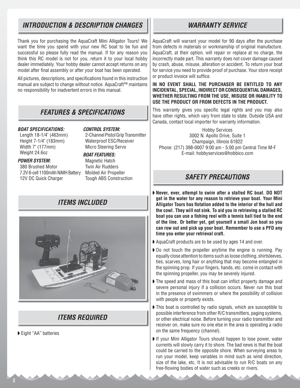 Introduction & description changes, Features & specifications, Items included items required | Warranty service, Safety precautions | AquaCraft Mini Alligator Tours User Manual | Page 2 / 8