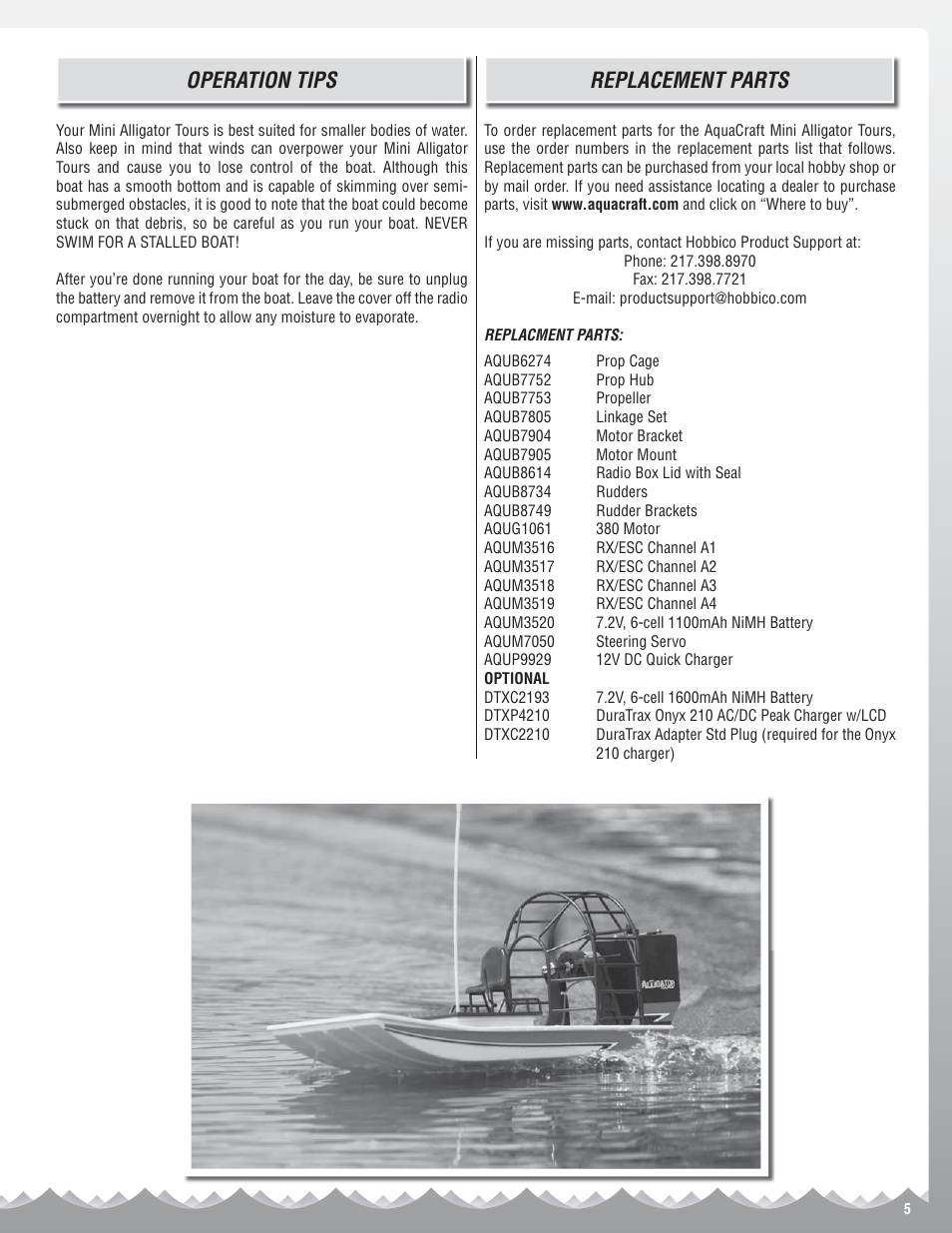 Replacement parts, Operation tips | AquaCraft Mini Alligator Tours User Manual | Page 5 / 8