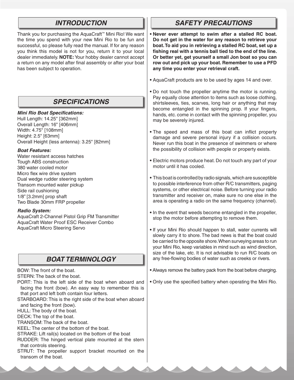 Introduction, Specifications, Boat terminology | Safety precautions | AquaCraft Mini Rio User Manual | Page 3 / 12