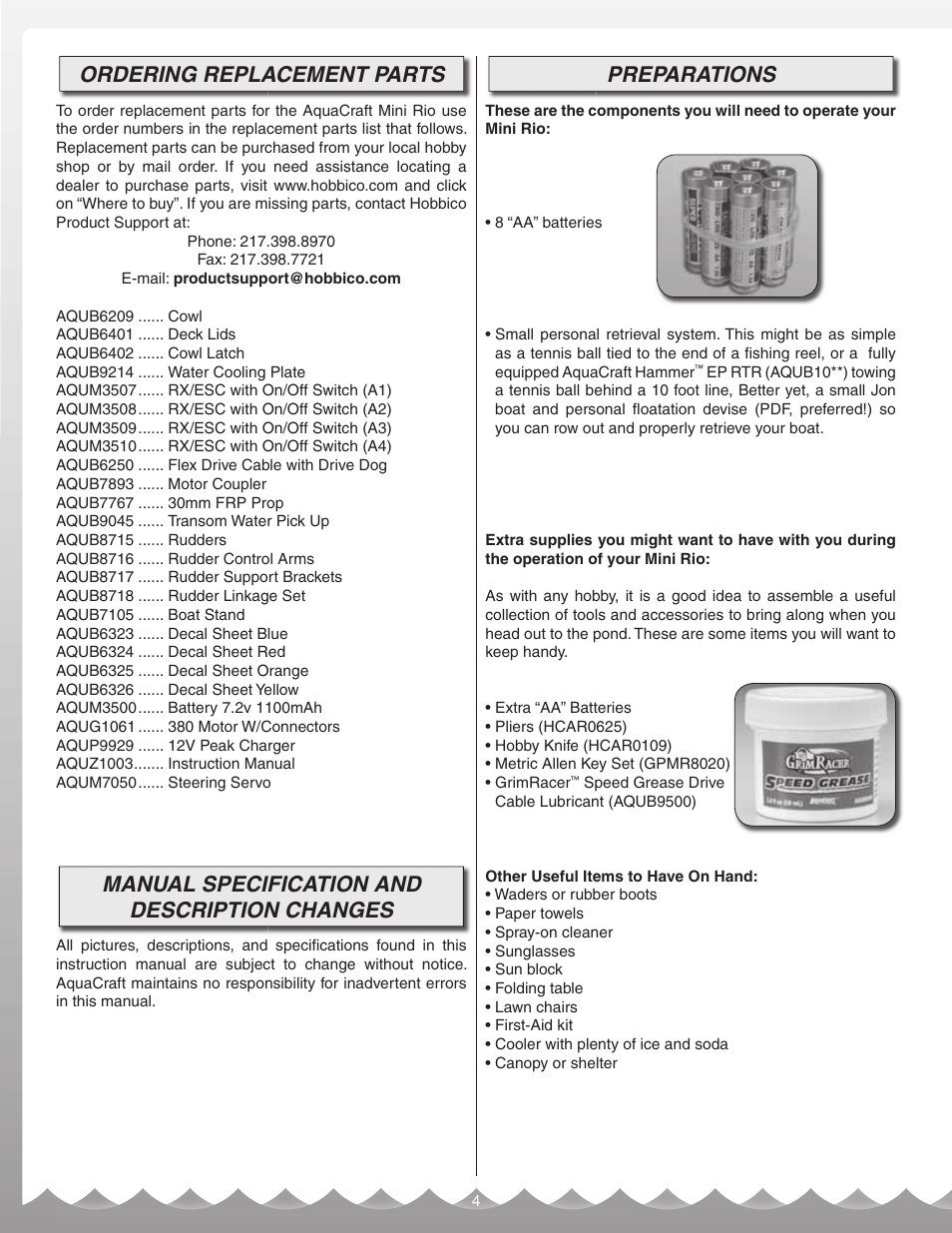 Ordering replacement parts, Manual specification and description changes, Preparations | AquaCraft Mini Rio User Manual | Page 4 / 12