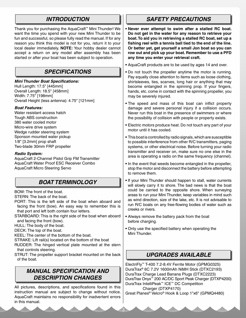 Introduction, Specifications, Boat terminology | Manual specification and description changes, Safety precautions, Upgrades available | AquaCraft Mini Thunder User Manual | Page 3 / 12